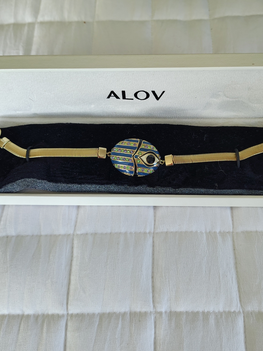 ALOV Gold Tone Enamel Disc Bracelet with Blue and Green Stripes